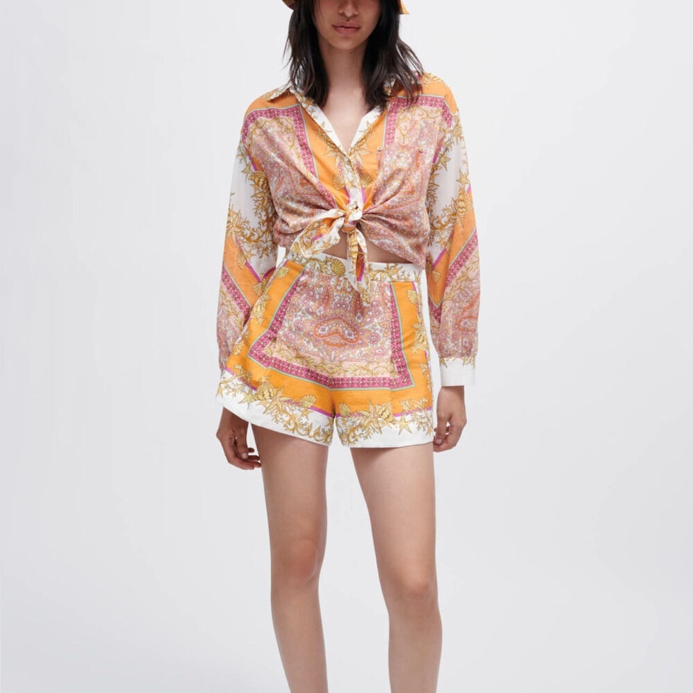 Maje Linen Set with scarf print Orange and Pink Size 1